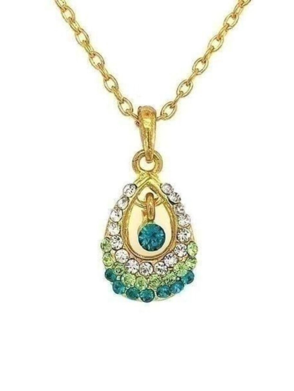 Green/White Teardrop Shaped Pendant Gold Tone Necklace (n3)‎
